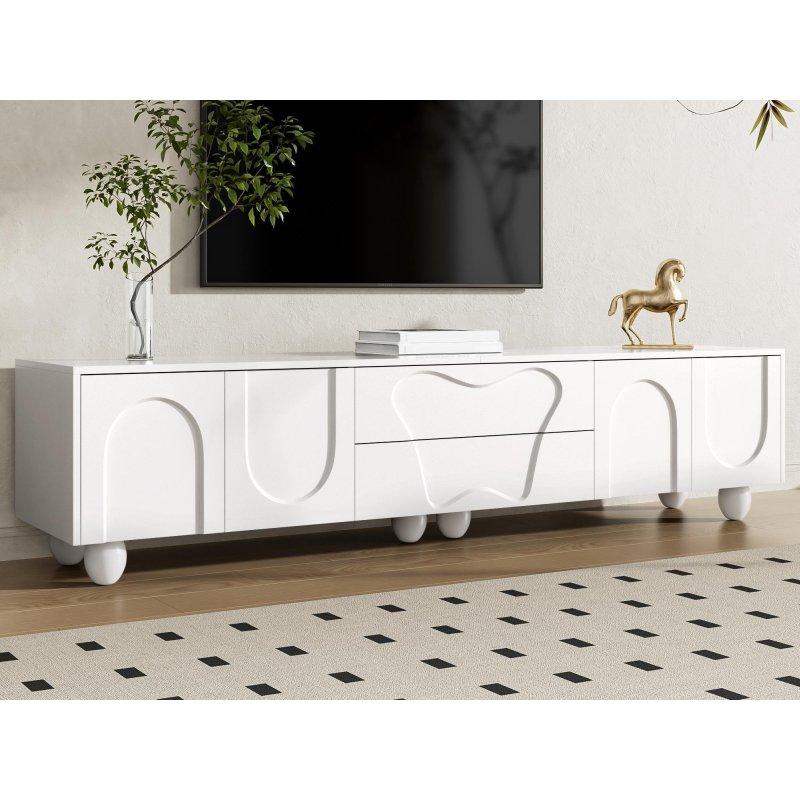 Modern Beyaz Ahşap Ayaklı 180 cm TV Sehpası Modern Beyaz Ahşap Ayaklı 180 cm TV Sehpası