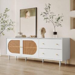Modern Beyaz Rattan Desenli 180 cm TV Sehpası