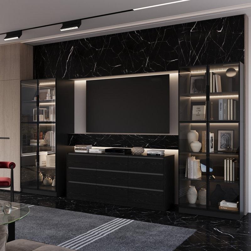Modern Siyah Mermer Desenli Kitaplıklı 200 cm TV Ünitesi Modern Siyah Mermer Desenli Kitaplıklı 200 cm TV Ünitesi