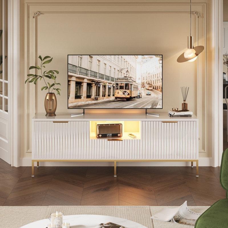 Parlak Beyaz Dalga Desenli 140 cm Gold Ayaklı TV Ünitesi – 79327 Parlak Beyaz Dalga Desenli 140 cm Gold Ayaklı TV Ünitesi – 79327