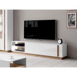 Parlak Beyaz ve Meşe Ahşap Modern TV Ünitesi 190 cm