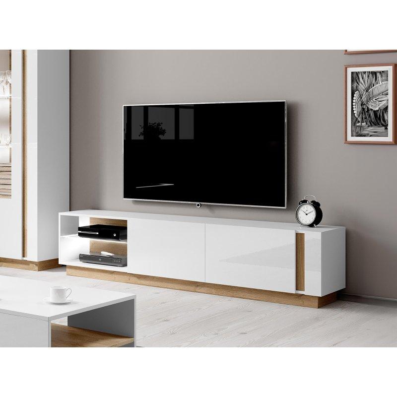 Parlak Beyaz ve Meşe Ahşap Modern TV Ünitesi 190 cm Parlak Beyaz ve Meşe Ahşap Modern TV Ünitesi 190 cm