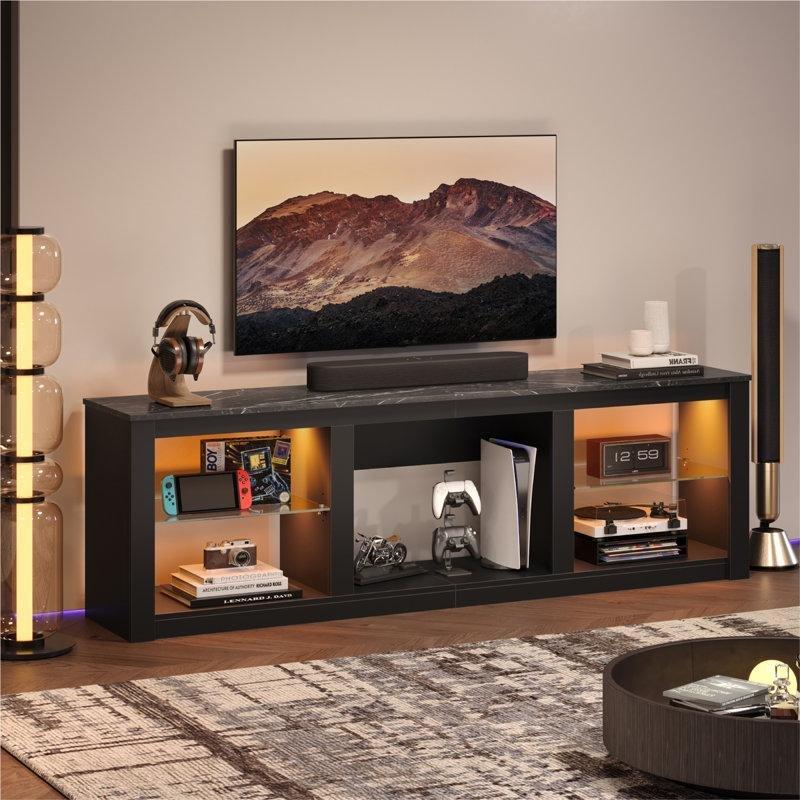 Siyah Endüstriyel Ahşap 180 cm Dolaplı TV Ünitesi Ayarlanabilir Cam Raflarla ve LED Işıklandırma – 78721 Siyah Endüstriyel Ahşap 180 cm Dolaplı TV Ünitesi Ayarlanabilir Cam Raflarla ve LED Işıklandırma – 78721