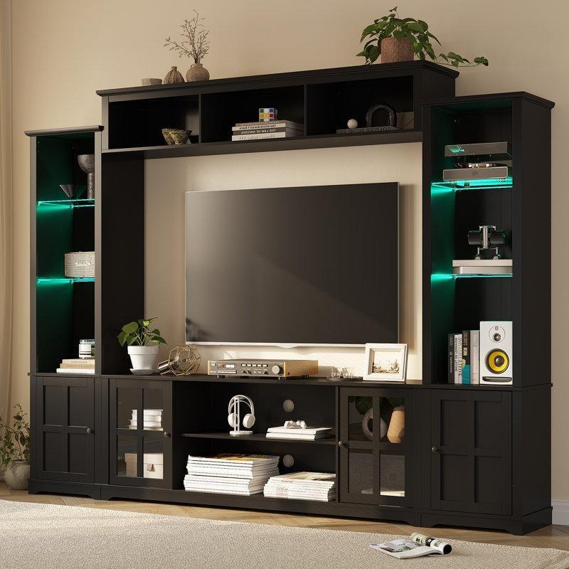 Siyah Endüstriyel Ahşap Kitaplıklı 65 TV Ünitesi LED Aydınlatmalı 260 cm Siyah Endüstriyel Ahşap Kitaplıklı 65 TV Ünitesi LED Aydınlatmalı 260 cm