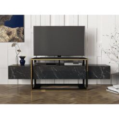 Siyah Mermer Desenli Altın Çerçeveli 160 cm TV Sehpası
