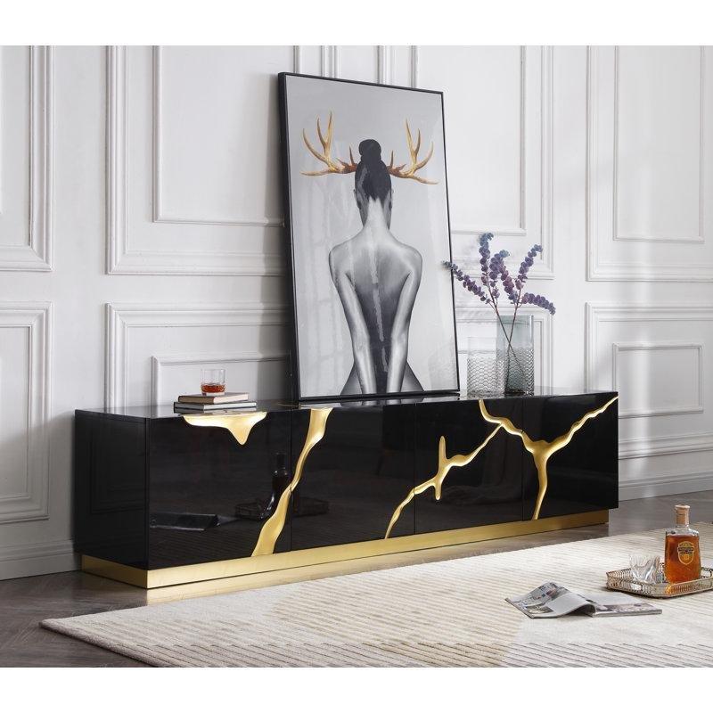 Siyah Mermerli Altın Aksentli TV Ünitesi 220x45x53 cm – 79282 Siyah Mermerli Altın Aksentli TV Ünitesi 220x45x53 cm – 79282