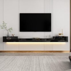 Siyah Parlak Duvara Monte TV Ünitesi 280 cm Geniş LED Aydınlatmalı – 78364