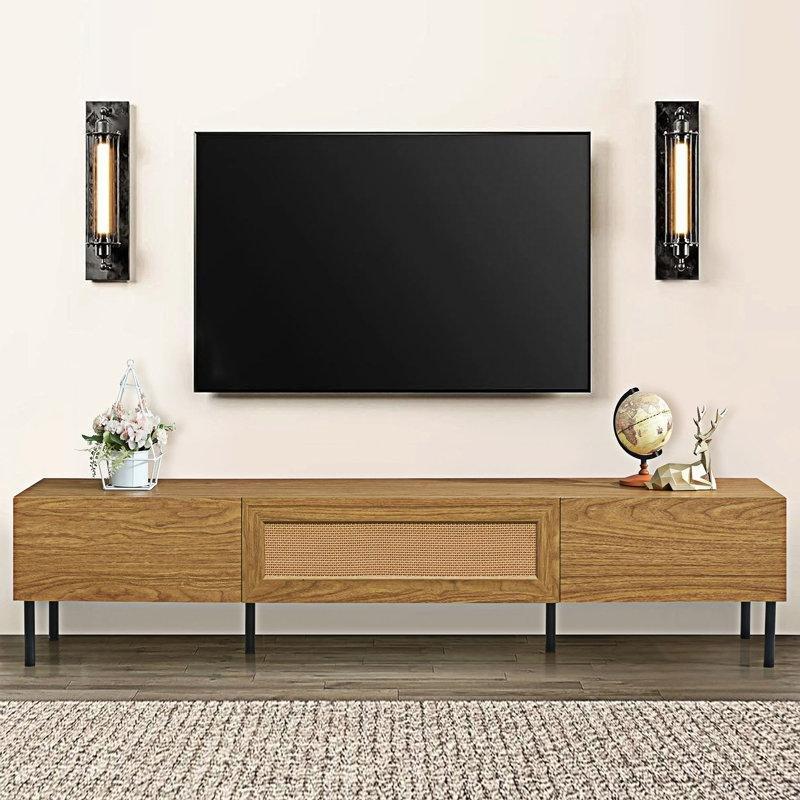 Üç Çekmeceli Bohem TV Ünitesi 180x41x37 cm Ahşap Hasır Dekorasyonlu Üç Çekmeceli Bohem TV Ünitesi 180x41x37 cm Ahşap Hasır Dekorasyonlu