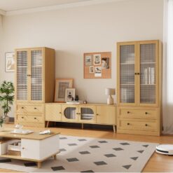 Üç Parçalı Doğal Ahşap Dalgalı Cam Kapılı Dolaplı TV Ünitesi 180 cm – 78832