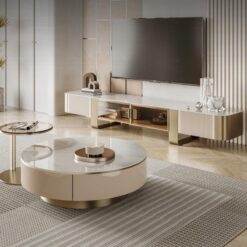 Açık Krem Sintered Stone Üst Yüzeyli Metal Ayaklı TV Ünitesi ve Orta Sehpa Takımı – 79555