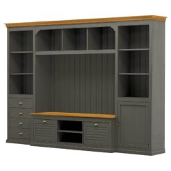 Açık Raflı ve Kapaklı Bölmeli Gri Masif Çam Ağacı TV Ünitesi 295×208 cm – 81874