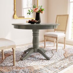 Antik Gri Masif Ahşap Yemek Masası 107 cm Yuvarlak Pedestal Tabanı – 82546