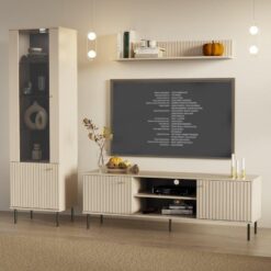 Bej Çıtalı İki Kapılı Vitrinli Uçan Raflı TV Ünitesi 190 cm Aydınlatmalı – 81895