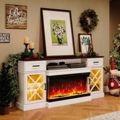 Beyaz Endüstriyel Ahşap Kır Evi TV Ünitesi 178x31x81 cm Elektrikli Şömineli – 80134