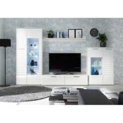 Beyaz Vitrinli TV Ünitesi 320×194 cm LED Aydınlatmalı 5 Parçalı Duvar Sistemi – 81871
