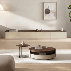 Ceviz Kaplı Endüstriyel Ahşap TV Ünitesi ve Deri Detaylı Orta Sehpa Takımı – 79879