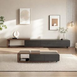 Ceviz Kaplı Masif Ahşap Genişletilebilir TV Ünitesi ve Orta Sehpa Takımı – 79837