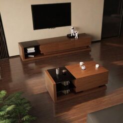 Ceviz Renkli Endüstriyel Ahşap TV Ünitesi ve Orta Sehpa Takımı – 79666