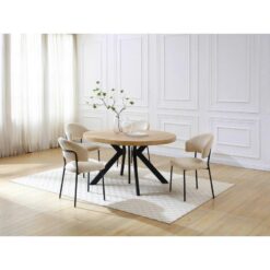 Doğal Açılır Yuvarlak Yemek Masası 300 cm Açık Ahşap ve Siyah Metal Ayaklı – 83041