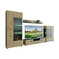 Dört Kapılı İki Çekmeceli Vitrinli TV Ünitesi Artisan Meşe ve Mat Siyah – 81958