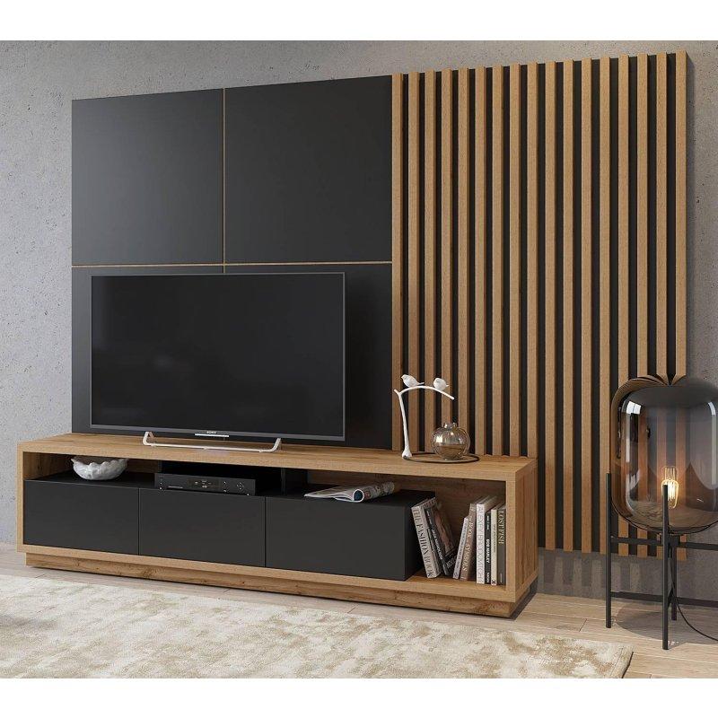 Dört Parçalı Siyah ve Ahşap Vitrinli TV Ünitesi 252×179 cm – 81790 Dört Parçalı Siyah ve Ahşap Vitrinli TV Ünitesi 252×179 cm – 81790