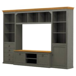 Granit Gri ve Bal Renkli Endüstriyel Ahşap Vitrinli TV Ünitesi 295×208 cm – 81868