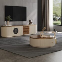 Krem Renkli Masif Ahşap TV Ünitesi ve Yuvarlak Orta Sehpa Takımı 180 cm – 79525