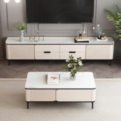Krem Renkli Sintered Stone Üstlü Metal Ayaklı TV Ünitesi ve Orta Sehpa Takımı – 79762