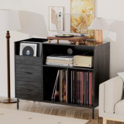 Siyah Endüstriyel Metal Ayaklı Plak Dolabı 90×70 cm Çift Çekmeceli – 81625