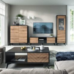 Siyah ve Evoke Meşe Renkli Jöle Desenli Vitrinli TV Ünitesi 178x54x39 cm – 81886