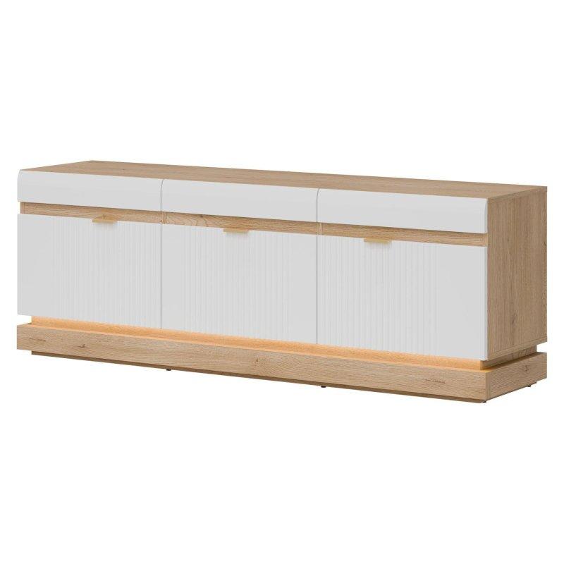 Üç Kapılı Beyaz Mat ve Cremona Torro Renkli Modern Vitrinli TV Ünitesi 164x585x405 cm – 82153 Üç Kapılı Beyaz Mat ve Cremona Torro Renkli Modern Vitrinli TV Ünitesi 164x585x405 cm – 82153