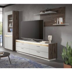 Üç Parçalı Beyaz ve Koyu Kahverengi Vitrinli TV Ünitesi 299×197 cm – 81832